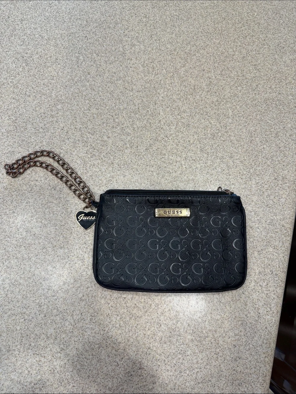 Guess Black Embossed Signature Wristlet with Chain and Heart Charm